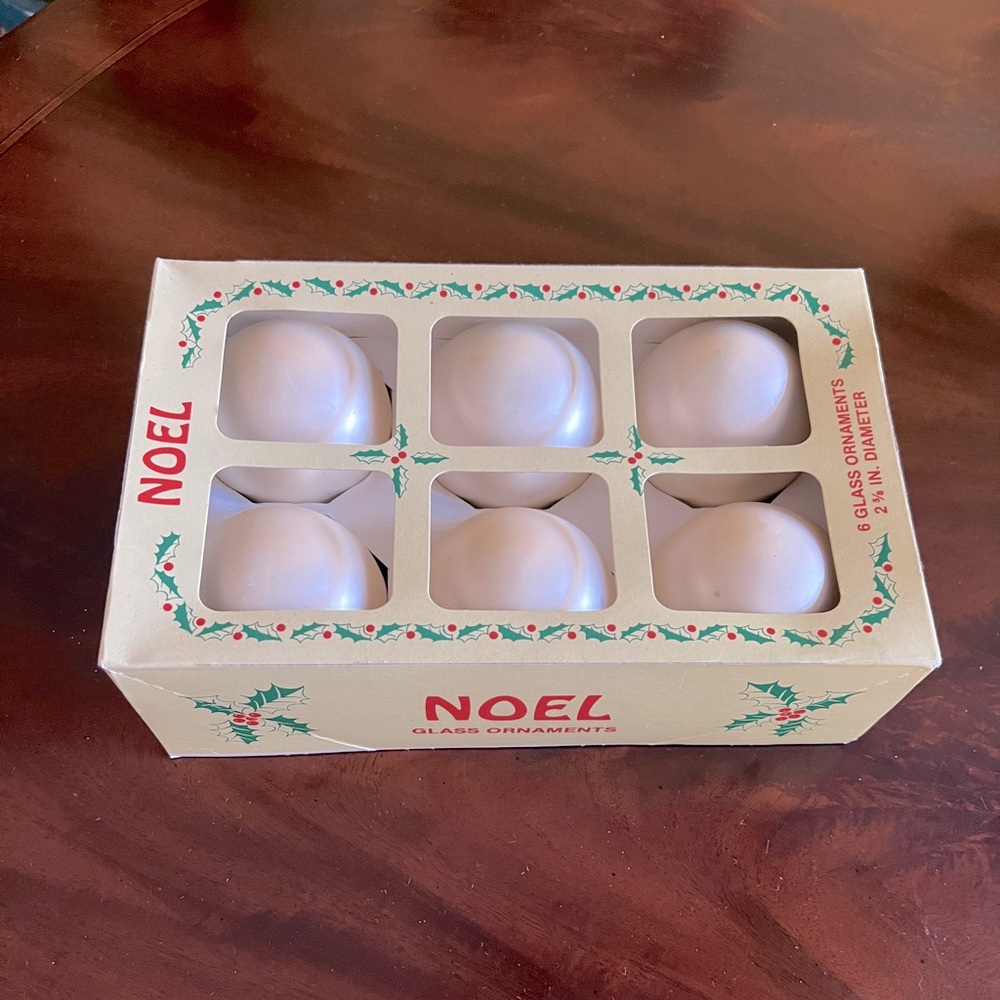 Six Glass Noel Holly Decorations Cream Christmas Bulbs